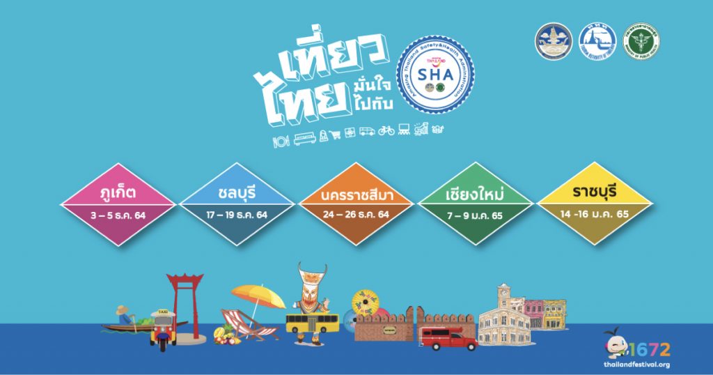 เดือนธันวาคม 2564 – เดือนมกราคม 2565  เตรียมพบกับ “เที่ยวไทยมั่นใจไปกับ SHA 2021 ” 5 จังหวัด ครอบคลุมทุกภูมิภาคทั่วไทย